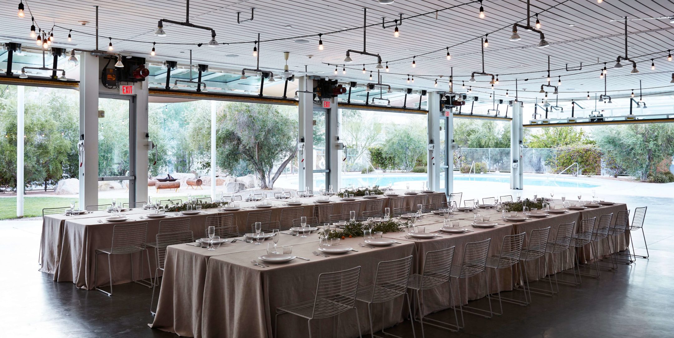 long tables setup for dining